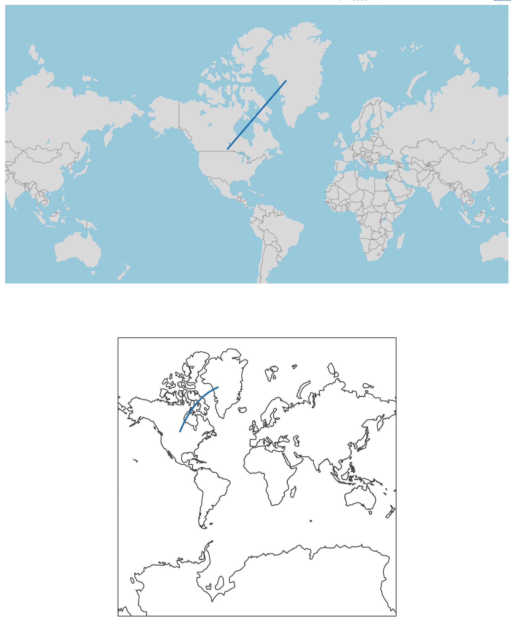A comparison of plotly’s integrated mapping solutions: plot_mapbox() (top) and plot_geo() (bottom). The plot_geo() approach will transform line segments to correctly reflect their projection into a non-cartesian coordinate system.